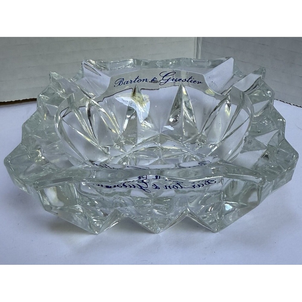 Barton & Guestier Clear Crystal Ashtray With A Cut-Glass Design-Small Blue Font